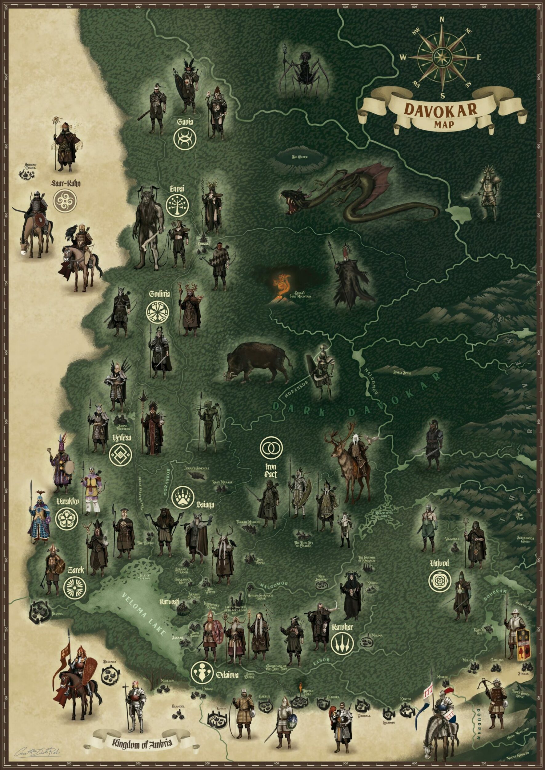 Davokar map Symbaroum - Map of Davokar Forest of Symbaroum with Illustrated Characters and Barbarian Clans Symbols, English Version - Symbaroum Maps