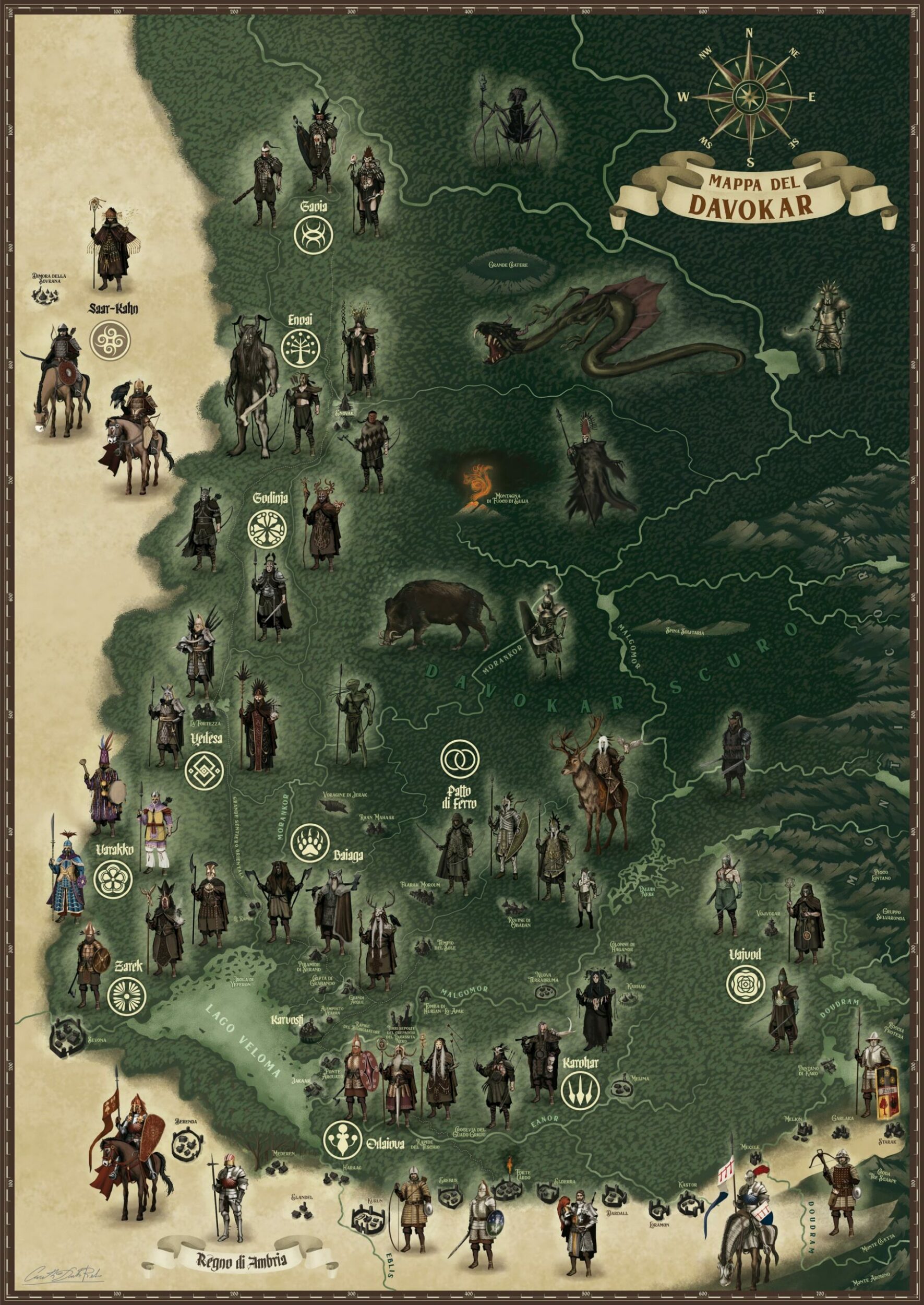 Mappa Davokar Symbaroum - mappa della foresta del Davokar dettagliata in scala a colori disegnata a mano in stile fantasy medievale con simboli e territori e simboli dei clan barbari - fan art del gioco di ruolo Symbaroum