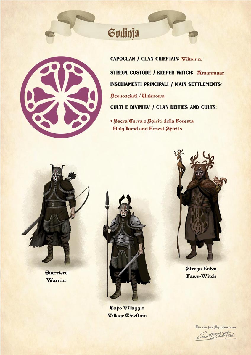 Scheda del clan barbaro Godinja con informazioni essenziali, illustrazioni a colori e simbolo del clan - Symbaroum fan art