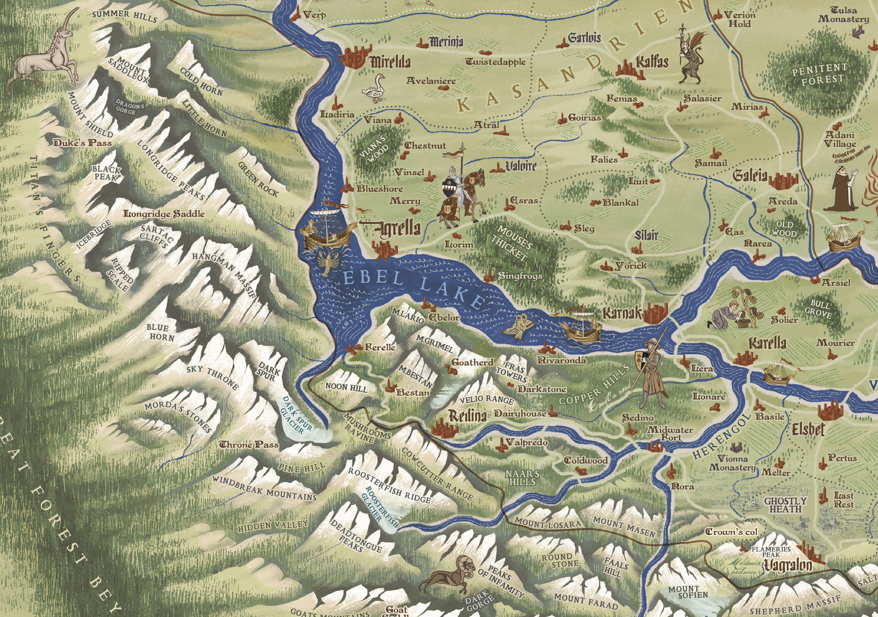 Medieval style hand drawn detailed color scale map with heraldry of the kingdom of Ambria Symbaroum fan art - english version - detail of the surroundings of Lake Ebe