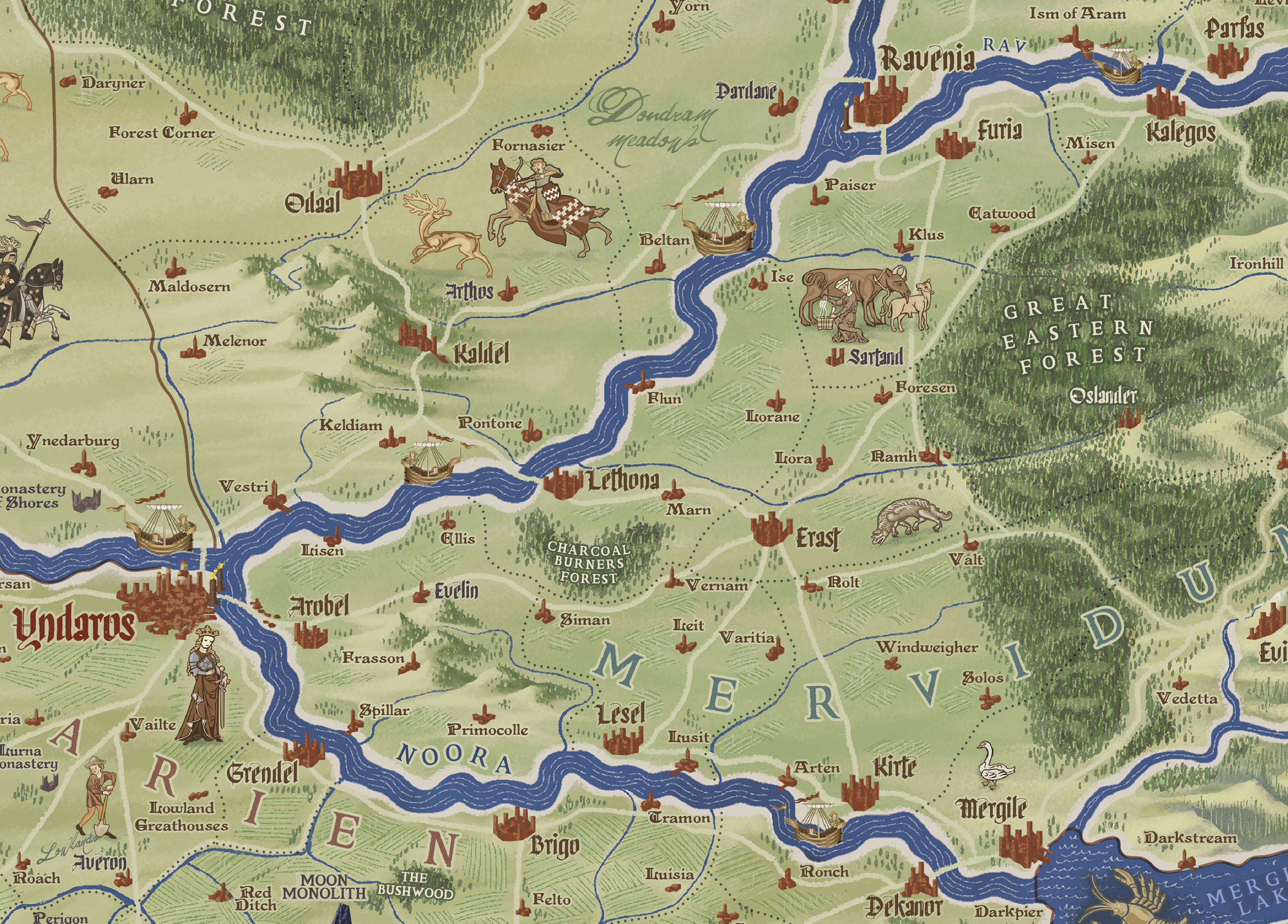 Ambria Symbaroum Map Medieval style hand drawn detailed color scale map with heraldry of the kingdom of Ambria Symbaroum fan art - english version - detail of the province of Mervidun