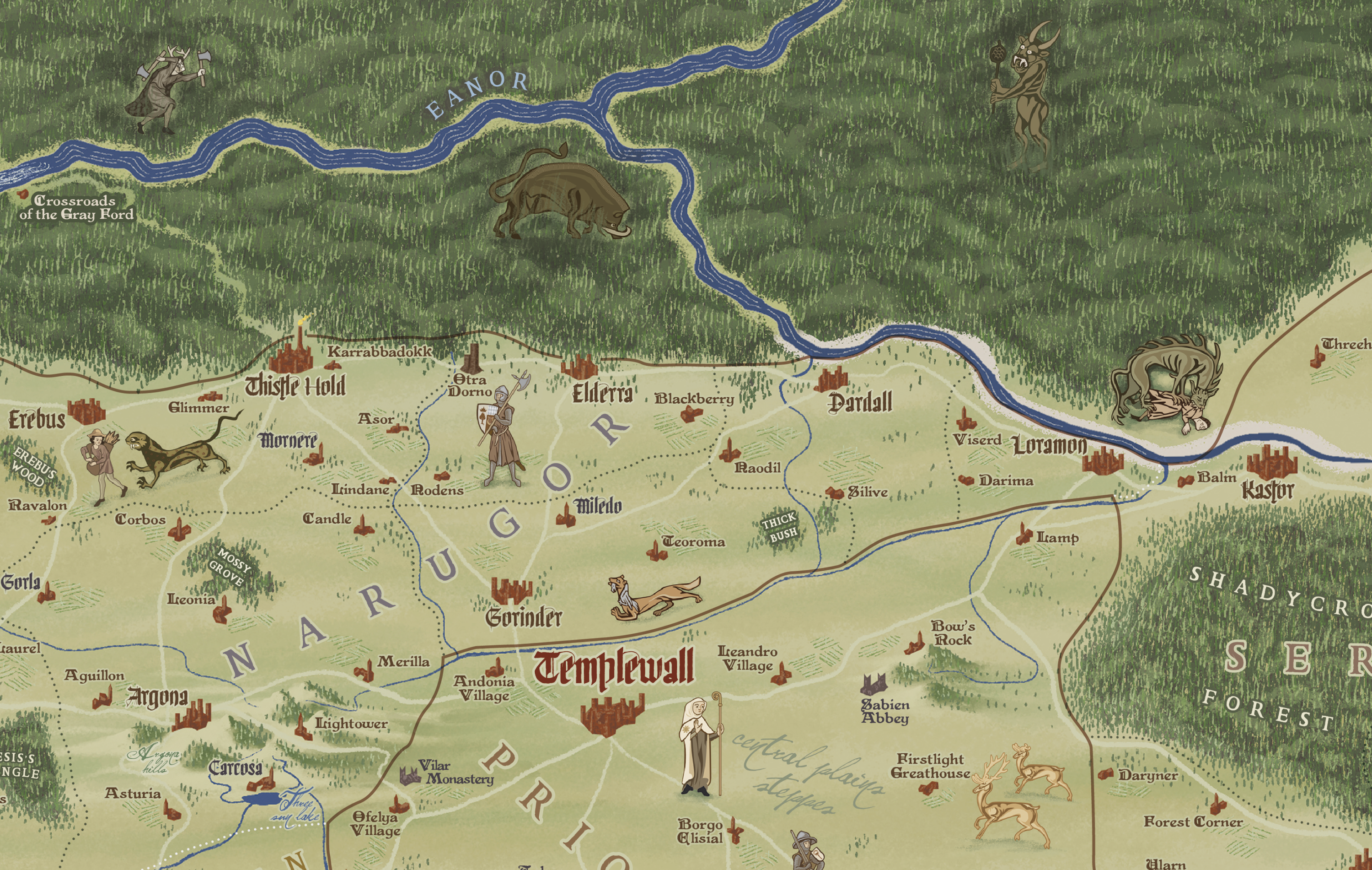 Ambria Symbaroum Map Medieval style hand drawn detailed color scale map with heraldry of the kingdom of Ambria Symbaroum fan art - english version - detail of the province of Narugor