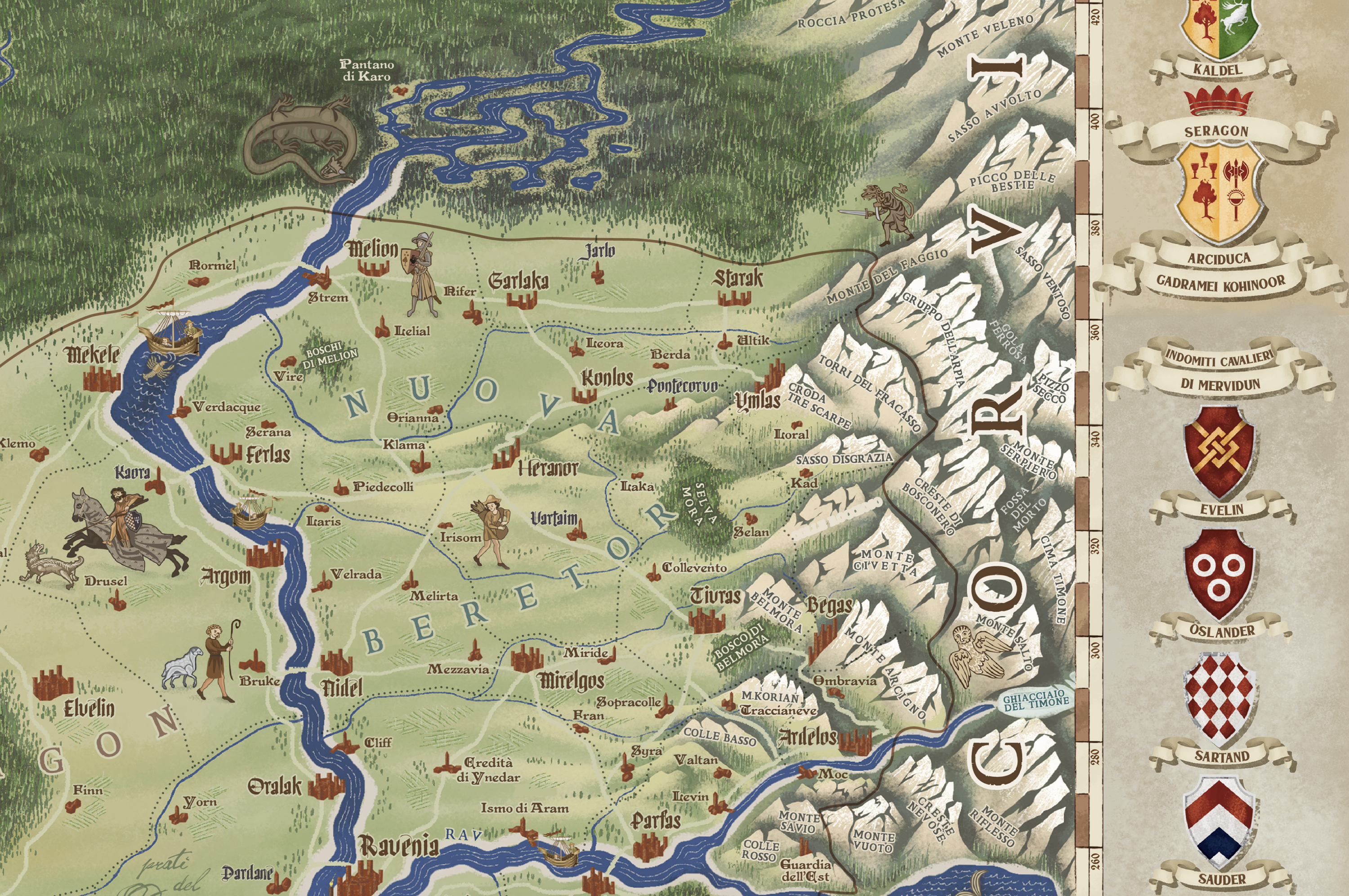 Mappa Ambria Symbaroum dettagliata in scala a colori disegnata a mano in stile medievale con araldica e regioni del Regno di Ambria - fanart del gioco di Ruolo Symbaroum - particolare della provincia di Nuova Beretor