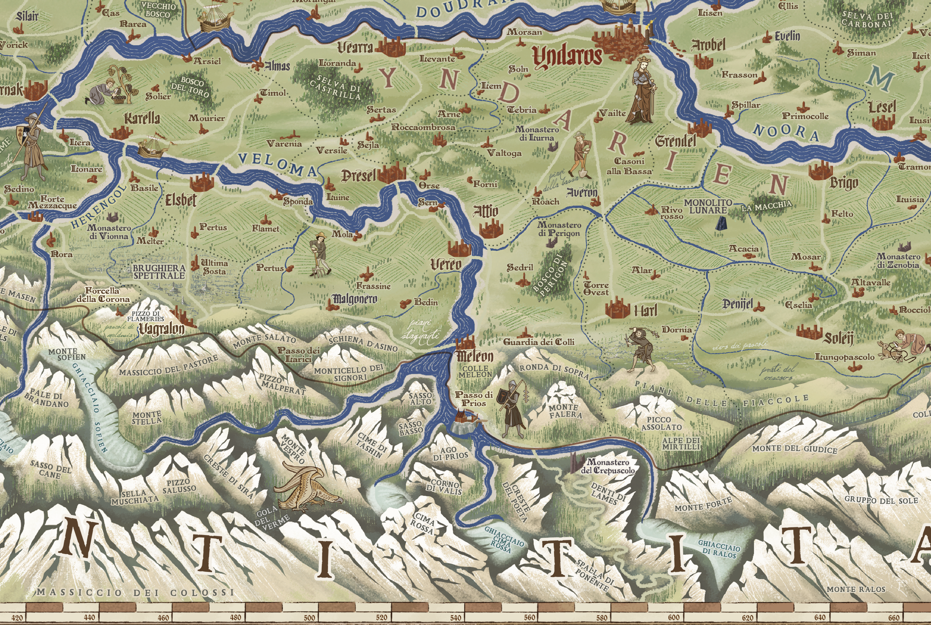 Mappa regno Ambria Symbaroum  dettagliata in scala a colori disegnata a mano in stile medievale con araldica e regioni del Regno di Ambria - fanart del gioco di Ruolo Symbaroum - particolare della provincia di Yndarien